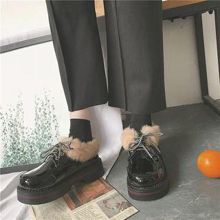 Platform Patent Furry-trim Lace-up Shoes