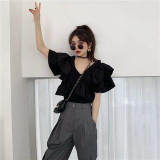 Ruffle Trim Short-sleeve Top Black - One Size