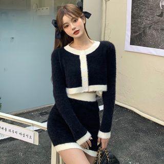 Contrast Trim Cropped Cardigan / Knit Mini Skirt