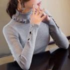 Turtleneck Buttoned Long Sleeve Knit Top