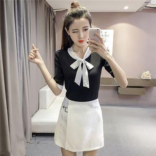 Bow Accent Contrast Trim Elbow Sleeve Knit Top