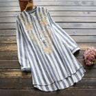 Long-sleeve Embroidered Striped Buttoned Dress Stripes - Blue - One Size
