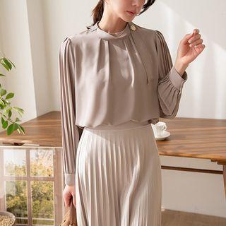 Pleated-sleeve Scarf-neck Blouse