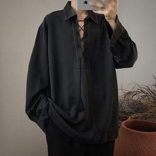 Contrast Stitching Lace-up Long-sleeve Shirt