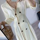 Double-breasted 3/4-sleeve Midi A-line Dress Beige - One Size
