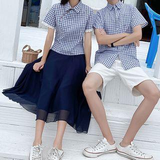 Couple Matching Gingham Short-sleeve Lace Trim Blouse / Shirt / Skirt