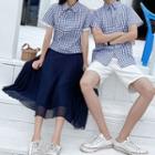 Couple Matching Gingham Short-sleeve Lace Trim Blouse / Shirt / Skirt