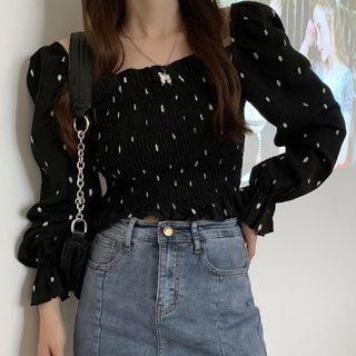 Puff-sleeve Off-shoulder Polka Dot Top Black - One Size