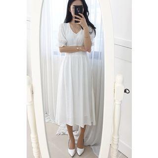 Petite Size Puff-sleeve Smocked-waist Midi Dress