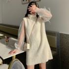 Faux Fur Lace Panel Long-sleeve Mini Dress