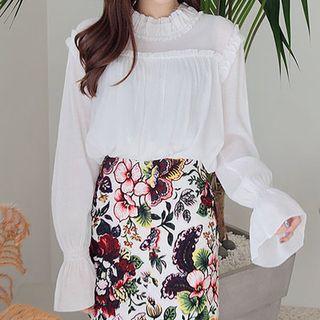 Frill-collar Shirred Chiffon Top