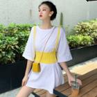 Set: Plain Elbow-sleeve Tunic T-shirt + Ribbed Waist Knit Top