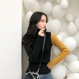 Color-block Off-shoulder Turtle-neck Slim-fit Knit Top