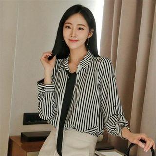 Tie-neck Tab-sleeve Stripe Shirt