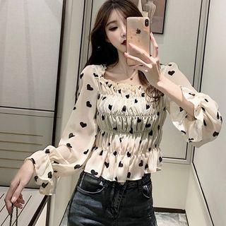 Heart Print Long-sleeve Chiffon Peplum Top