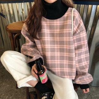 Contrast Trim Plaid Woolen Sweatshirt