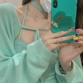 Set: Halter-neck Knit Camisole Top + Tie-strap Cardigan