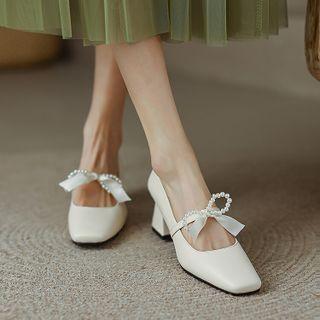 Faux Pearl Ribbon Chunky-heel Mary Jane Pumps