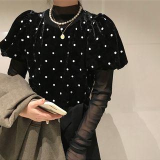 Mock-turtleneck Long-sleeve Mesh Top / Balloon-sleeve Dotted Velvet Top