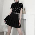 Short-sleeve Butterfly Print Qipao Crop Top / Chain Belt / Mini A-line Skirt