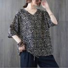 Short-sleeve V-neck Print Loose-fit Top Khaki & Dark Blue - One Size