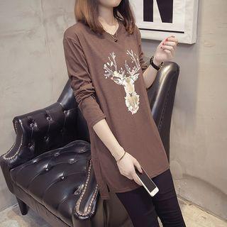 V-neck Deer Print Long-sleeve T-shirt