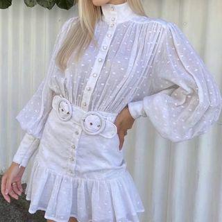 Puff-sleeve Dotted Ruffle Mini Sheath Dress