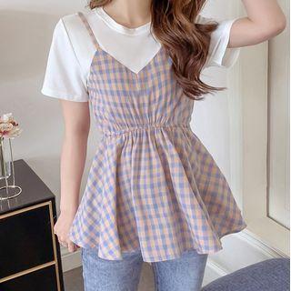 Mock Two-piece Short-sleeve Plaid Peplum Top