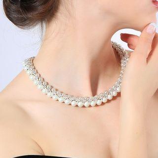 Faux Pearl Rhinestone Layered Choker 1pc - White & Silver - One Size