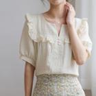 Short-sleeve Ruffle Trim Blouse / Drawstring Floral Mini A-line Skirt