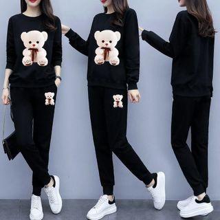 Set: Bear Print Sweatshirt + Straight-leg Sweatpants