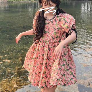 Puff-sleeve Floral A-line Dress Floral - Pink - One Size