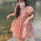 Puff-sleeve Floral A-line Dress Floral - Pink - One Size