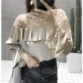 Dotted Mesh Yoke Long-sleeve Velvet Top