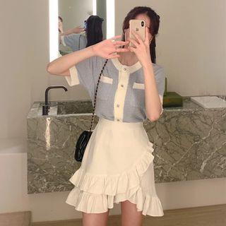 Short-sleeve Contrast Trim Cardigan / High-waist Asymmetric Ruffle Trim Skirt