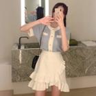 Short-sleeve Contrast Trim Cardigan / High-waist Asymmetric Ruffle Trim Skirt
