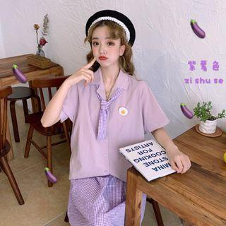 Short-sleeve Shirt / Plaid Tie / Plaid A-line Midi Skirt / Set
