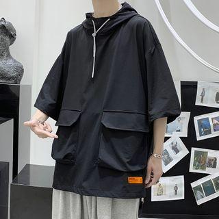 Plain Over-sized Elbow-sleeve Hoodie With Front Pocket
