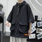 Plain Over-sized Elbow-sleeve Hoodie With Front Pocket