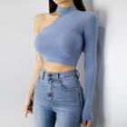 Long-sleeve Mock Neck One-shoulder Cropped T-shirt