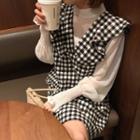 Mock-neck Blouse / Checked Pinafore Dress