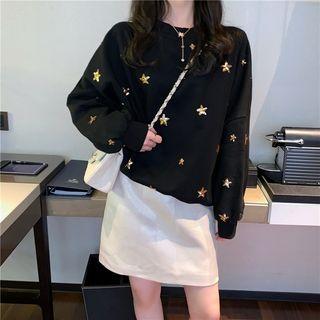 Star Embroidered Sweatshirt / Faux-leather Skirt
