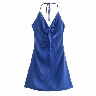 Sleeveless V-neck Plain Drawstring Halter Dress