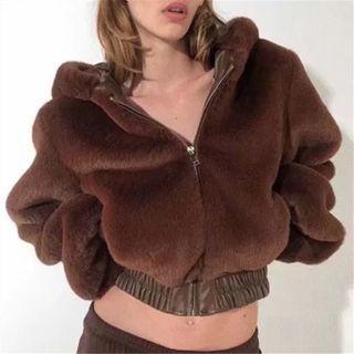 Loose Fit Hooded Faux Fur Collar Jacket