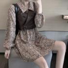 Long-sleeve Floral Mini A-line Dress / Faux Leather Vest