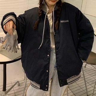 Mock Two-piece Lettering Long-sleeve Baseball Jacket Blue - One Size