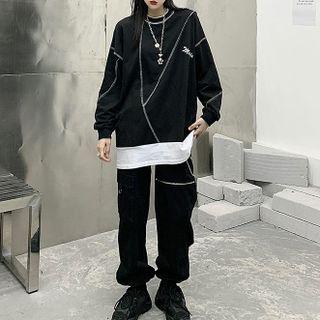 Contrast Stitching Sweatshirt / Wide-leg Pants / Set