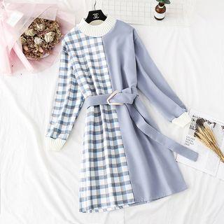 Mock Neck Panel Woolen Shift Dress With Belt