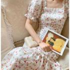 Short-sleeve Square-neck Floral Printed Ruffled Dress