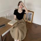 Short-sleeve Two-tone Midi A-line Dress Black & Coffee - One Size
